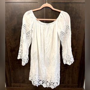 White Off the Shoulder double layer dress with lace sleeves and bottom details M